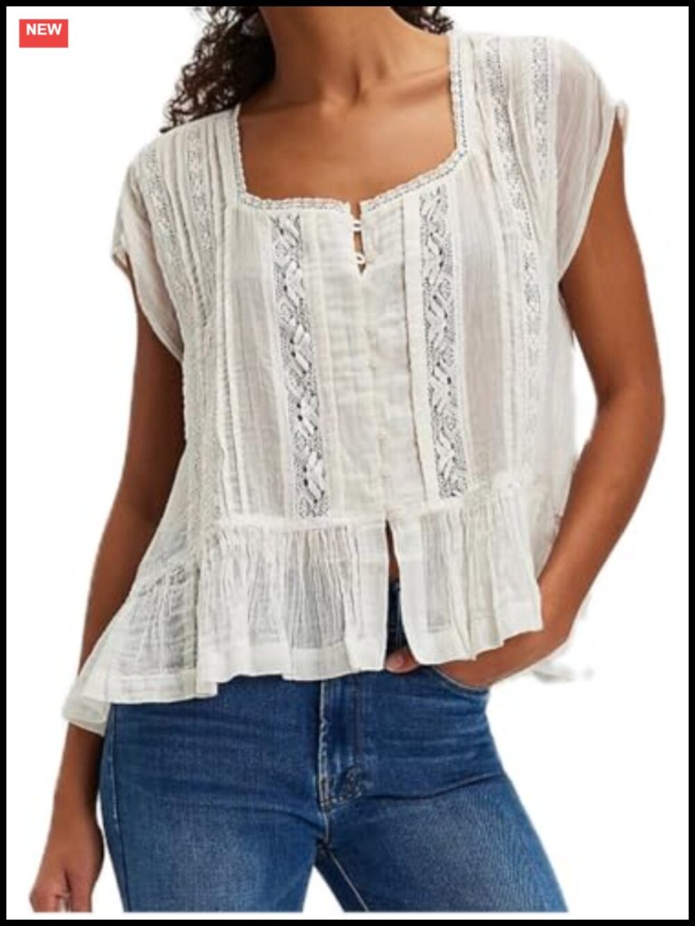 Women's Tie Front Boho Blouse Flowy Sheer Lace Babydoll Short Sleeve Eyelet